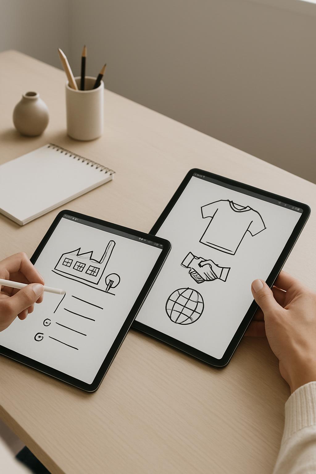 A person is creating two designs for a t-shirt on their tablet.